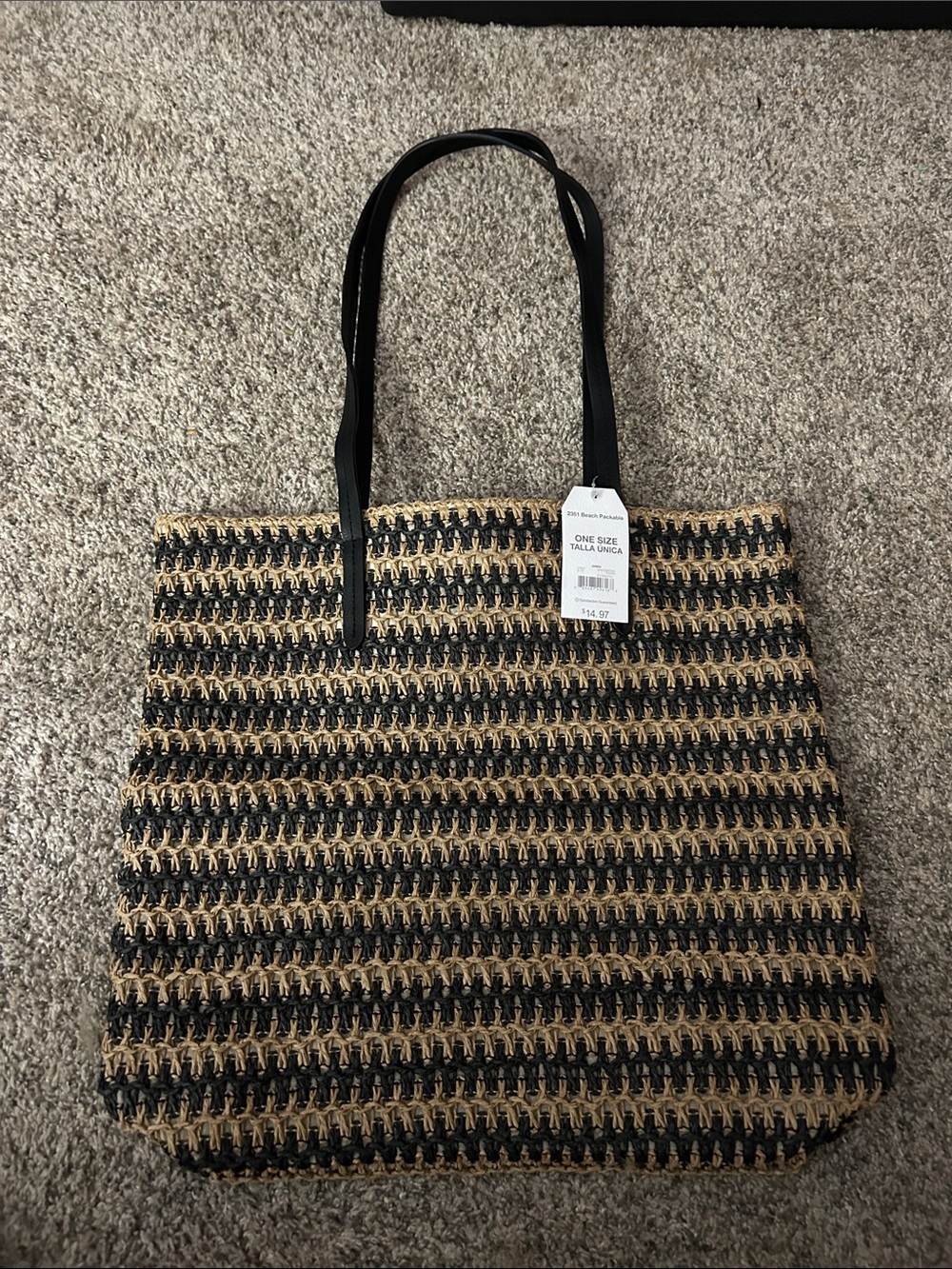 Woven Black and Natural Straw Beach Tote Bag with Black Straps